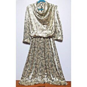 Vintage Gold Metallic Dress Lame Party Dress Sz 12 butterfly print Secretary EUC